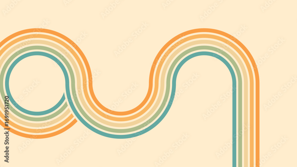 Wall mural abstract background of rainbow groovy wavy line design in 1970s hippie retro style. vector pattern r