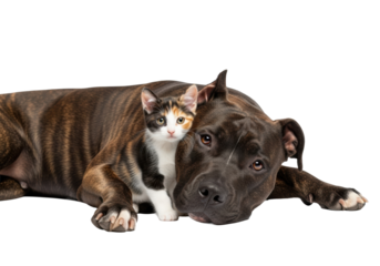 Large brindle Pitbull-type dog, fully relaxed, with a small calico kitten snuggled close, looking at camera on a bright white studio background, heartwarming interspecies friendship concept
