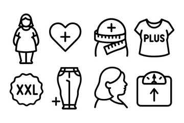 Curvy body positivity icons set: plus size fashion and health symbols in linear style