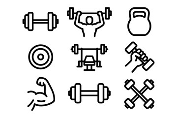 Outlined gym equipment icons with dumbbells, barbells, and kettlebells