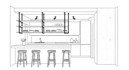 Obraz premium Monochrome Kitchen Sketch with Island and Bar Stools
