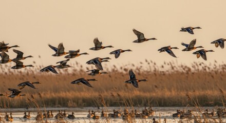 A breathtaking view of migrating birds soaring gracefully across the sky during sunset
