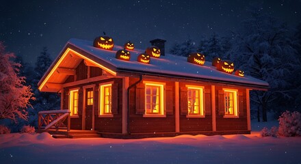 Fototapeta premium Festive Halloween Cabin Illuminated Underneath a Snowy Winter Sky