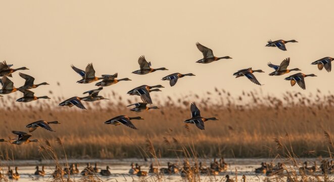 A breathtaking view of migrating birds soaring gracefully across the sky during sunset