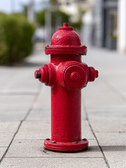 Red fire hydrant on a city sidewalk, focus on hydrant detail.