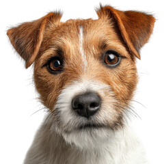 A close-up portrait of an adorable, curious dog with expressive eyes.