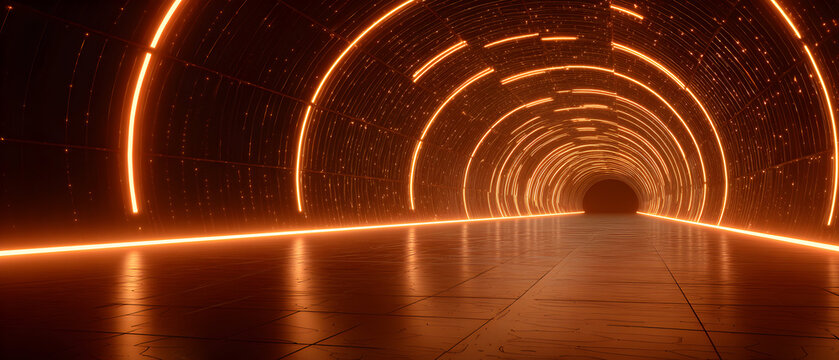 Glowing tunnel stretches into the distance, illuminated by neon orange lights, creating a futuristic and immersive experience with a sense of depth and mystery.