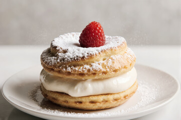 Flaky pastry sandwich with cream filling and powdered sugar topped with single raspberry, soft natural light evokes cozy sweet indulgence