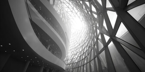 Modern architectural interior, curved walls, and a lattice facade