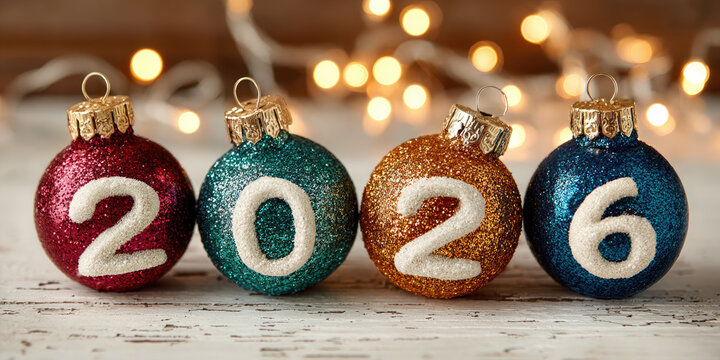 Glittery Christmas ornaments creating numeral 2026 on white wooden background, soft string lights illuminating holiday decorative arrangement