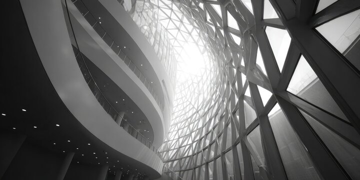 Modern architectural interior, curved walls, and a lattice facade