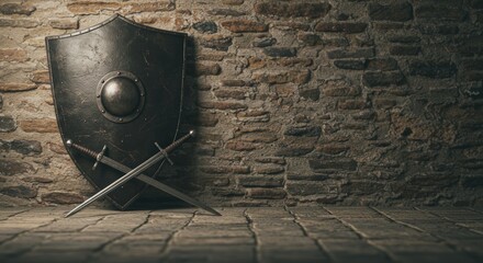 Medieval Armory, Shield and Swords Against a Stone Wall in a Castle Chamber