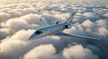 Obraz premium Luxurious Private Jet Flying High Above the Clouds at Sunset View