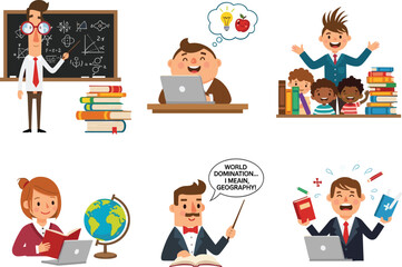 Cartoon Teachers, Classroom, Students, Education, Math, Geography, Learning, Books, Teacher with Pointer, Study, Classroom Fun, Teaching Kids, Online Learning, School Humo