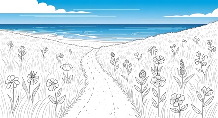 Seascape Drawing with Flowered Meadow and Sandy Path to Blue Ocean