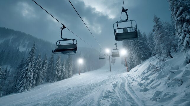 Ski lift moving over snowy slope at night