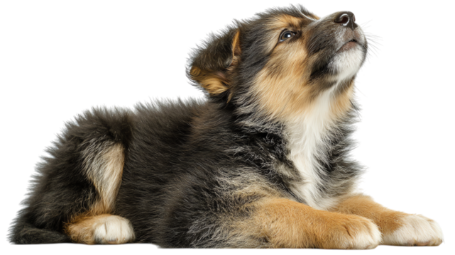 A fluffy puppy lying gracefully, gazing upward with curiosity and innocence.