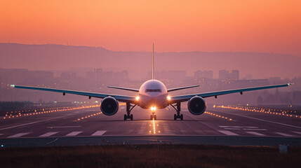 A commercial airplane prepared for flight on a runway with picturesque sunset background. vibrant colors illuminate scene, emphasizing aviation technology and beauty of travel at scenic hours