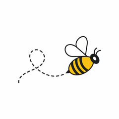 Cute cartoon bee flying with a dotted line path illustration.