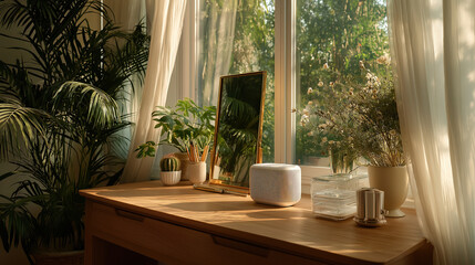 Sunlit Window Workspace: Wooden Desk with Plants, Gold-Framed Mirror and Smart Speaker for a Cozy Natural Home Ambiance