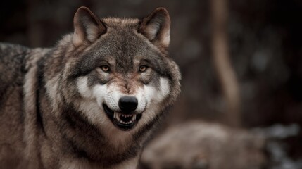 Obraz premium Eurasian wolf showing teeth in the forest