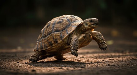 Obraz premium Focused turtle mid-stride on a sunny dirt path with shallow depth of field, wildlife photography capturing the reptile in motion