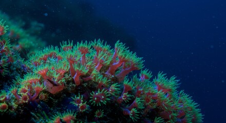 Vibrant coral polyps thriving in the deep ocean environment showcase life