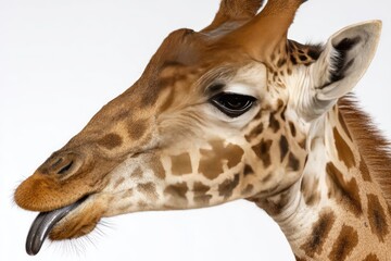 Fototapeta premium Close-up of a giraffe's head and neck, showcasing its distinctive spots and a visible tongue