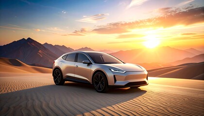 Naklejka premium Electric vehicle traversing a vast desert landscape at sunset evoking freedom, mobility