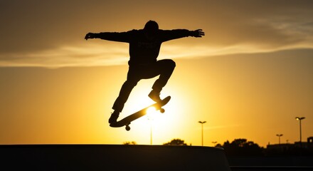 Silhouette of a skateboarder performing a jump during golden hour at skatepark