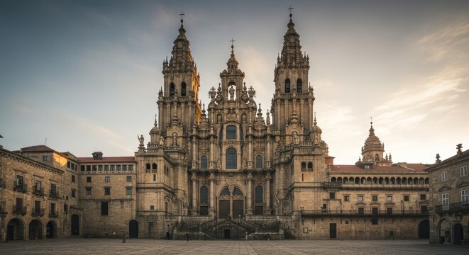 Magnificent Facade of the Santiago de Compostela Cathedral at Dusk Reveals Architectural Grandeur