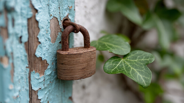 Rusty padlock on a peeling wooden door with ivy leaves. - Powered by Adobe