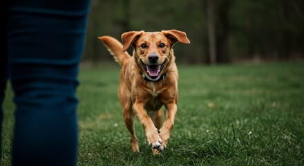 Golden Labrador Retriever Running Towards the Camera on Green Grass Field