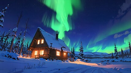Fototapeta premium Aurora over Lapland in anime style, cozy cabin and snow