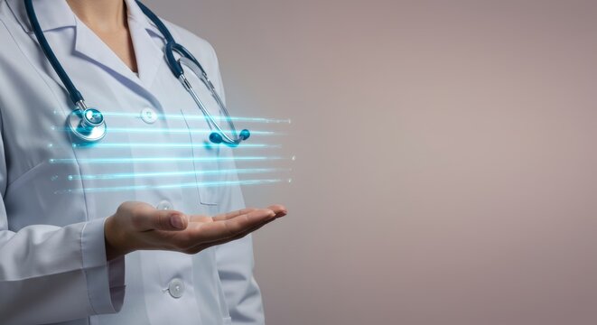 Doctor presenting futuristic technology in healthcare, medical innovation