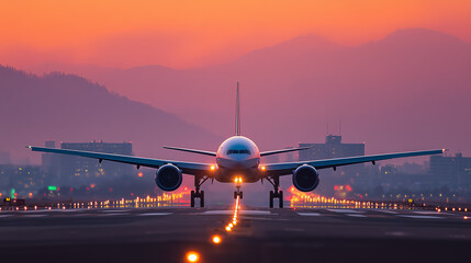 Fototapeta premium Commercial Passenger airplane stationary on the runway during sunset, showcasing vivid skies and travel aspirations.