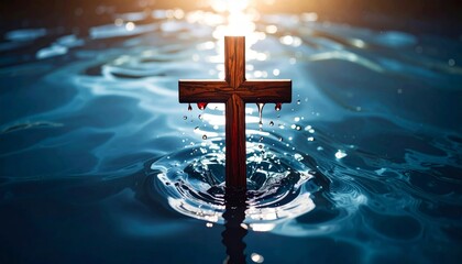 Bleeding cross hovering above water surface, a symbol of faith and sacrifice in abstract flat lay with space for text