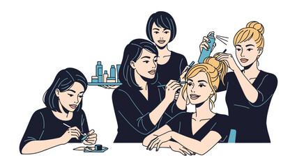 Diverse group of women in a salon setting receiving beauty treatments makeup application and hairstyling services from skilled professionals