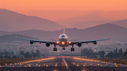 A passenger airplane approaches the runway for landing during a picturesque sunset sky over an urban skyline. The soothing colors and travel theme evoke feelings of adventure and exploration.
