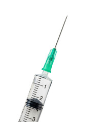 Pristine photorealistic macro studio shot of a sterile medical syringe with a green cap and clear liquid, isolated on a bright white background, concept of medical precision and hygiene