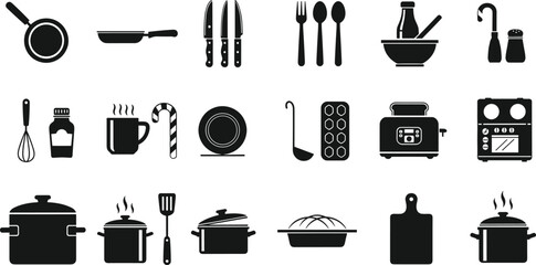 Silhouette vector illustration of kitchen utensils and cookware, black and white cooking tools and appliances for culinary, restaurant, and food preparation design projects