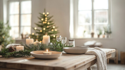 Cozy Scandinavian kitchen interior featuring wooden shelves adorned with candles, fir branches, string lights, and festive ornaments, creating a warm holiday atmosphere