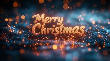 Merry christmas text on a blue background with bokeh lights christmas background