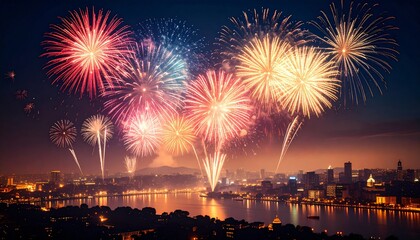 Spectacular fireworks illuminate the night sky over a cityscape reflected on water