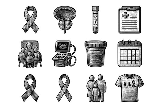 Prostate health vintage engraving style icons with awareness ribbon and medical elements