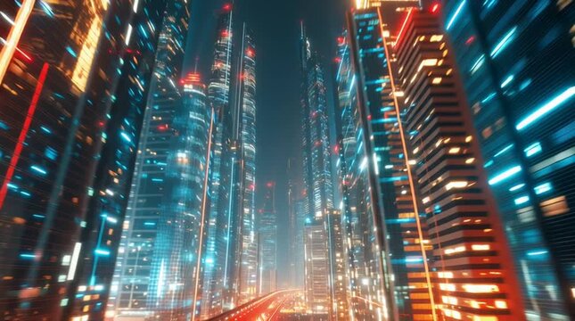 Futuristic city with glowing skyscrapers at night.