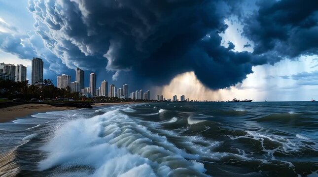 Dramatic storm clouds over a serene seascape. Climate Crisis Impact on Coastal Cities