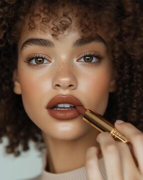 A woman applying lipstick in natural light.