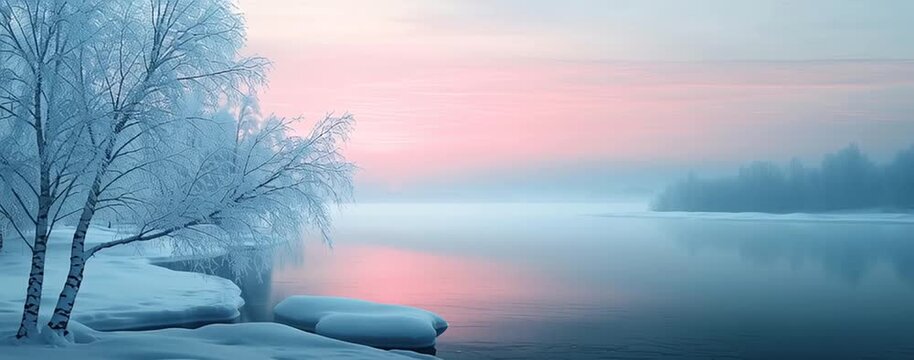 Serene winter landscape with misty river view.