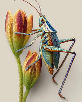 Colorful grasshopper perched on flower bud.